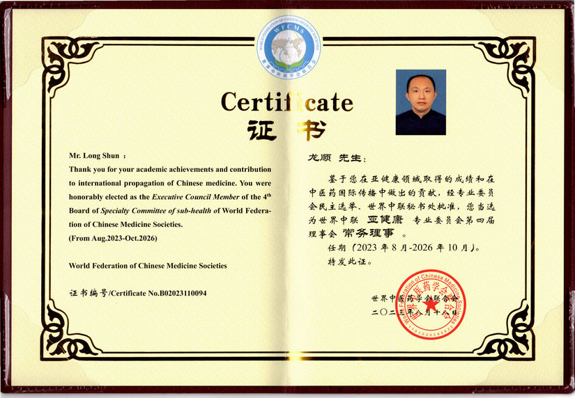 负责人龙顺被聘为世界中医药学会联合会亚健康专业委员会常务理事(图1)